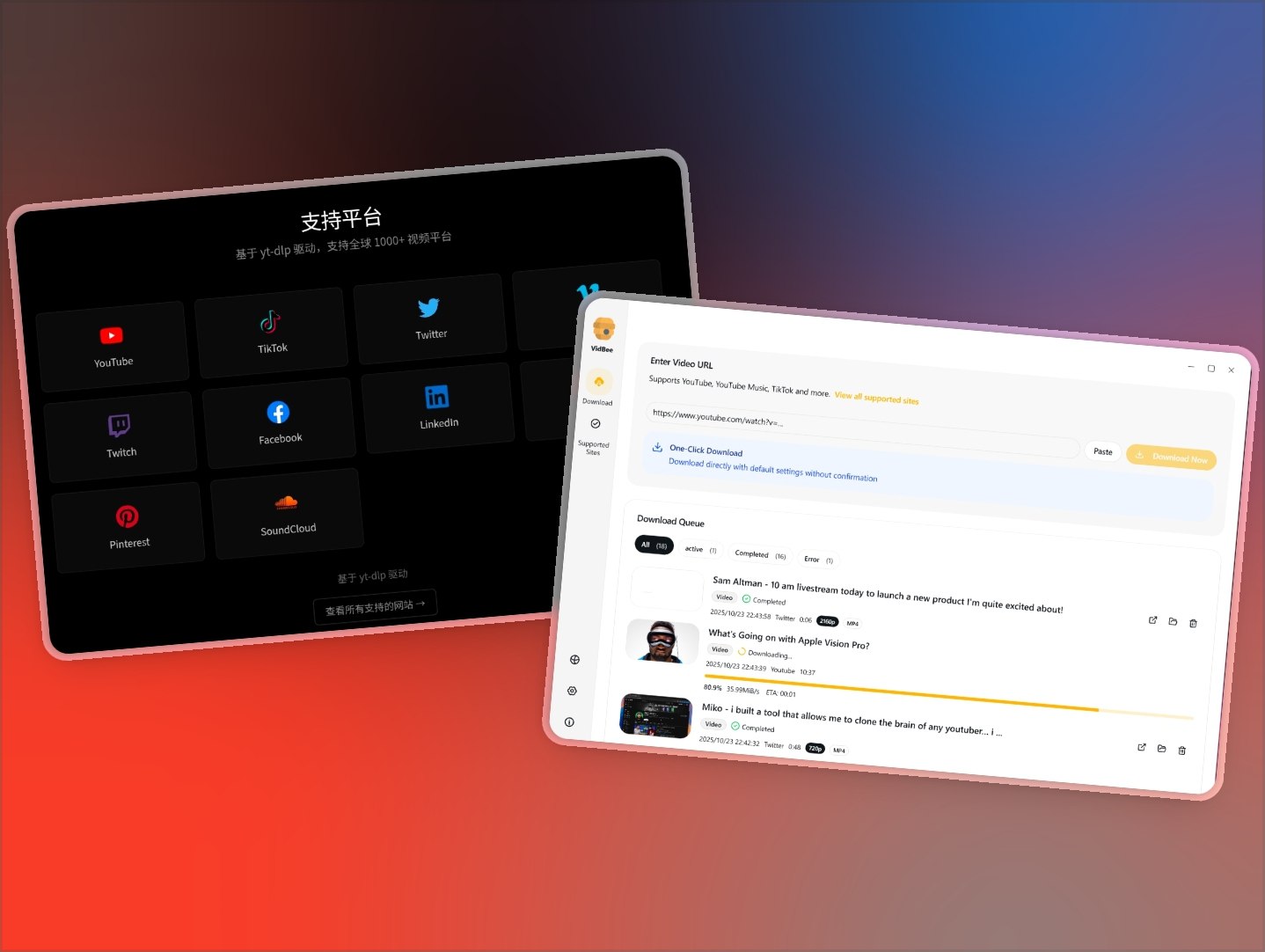 VidBee | 开源跨平台视频下载器，支持 1000+ 网站